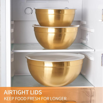 Gold Mixing Bowls with Airtight Lids, Stainless Steel Nesting Mixing Bowls Set of 7, Ideal for Baking, Prepping and Serving Food, Size 7, 3.6, 2.7, 2.1, 1.5, 1.1,0.8 QT, Stackable Design6