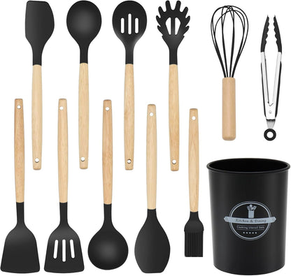 12-Piece Silicone Kitchen Utensils Set with Wooden Handle, Non-Stick & Heat Resistant Cooking Utensils (446°F), Includes Spatula, Spoon, Turner, Tongs, Whisk, Great for Home Cooks-Black1