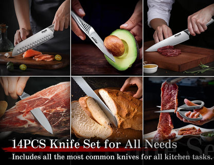Kitchen Knife Set with Block & Built-In Sharpener - 14 Pcs | Japanese Stainless Steel Knife Block Set, Sharp Chef Knife Set with Scissors, Ergonomic Handle, Gifts for Men Women4