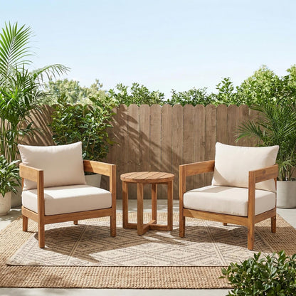 3-Piece Acacia Wood Patio Furniture Set, Outdoor Conversation Club Chair Set with Coffee Table, Patio Chat Set for Backyard Balcony, Teak+Beige4