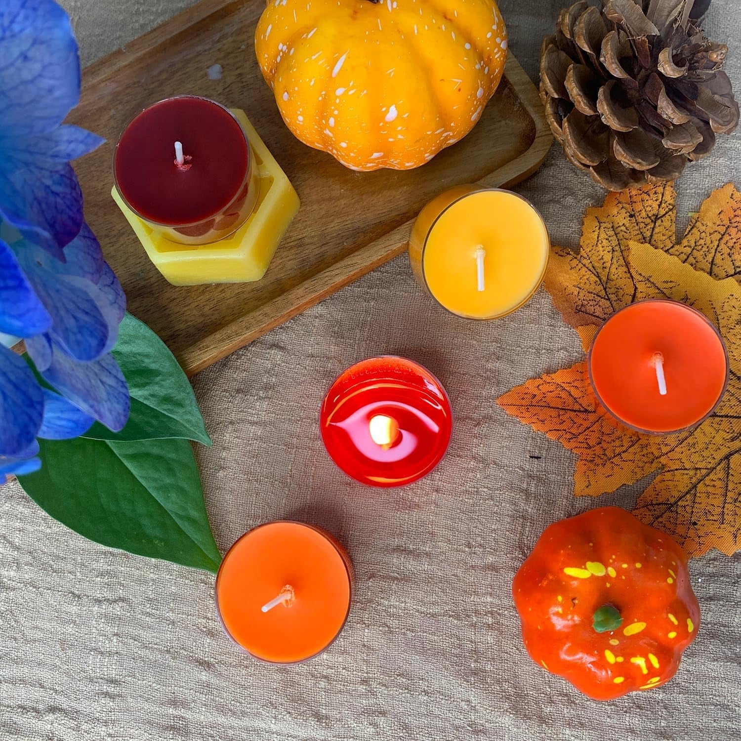 fall-scented-tealight-candles-16-pack-natural-soy-bee-wax-blend-autumn-colors-orange-yellow-shades-3-5-hour-burn-time-strong-fragrance-for-home-16-pcs-by