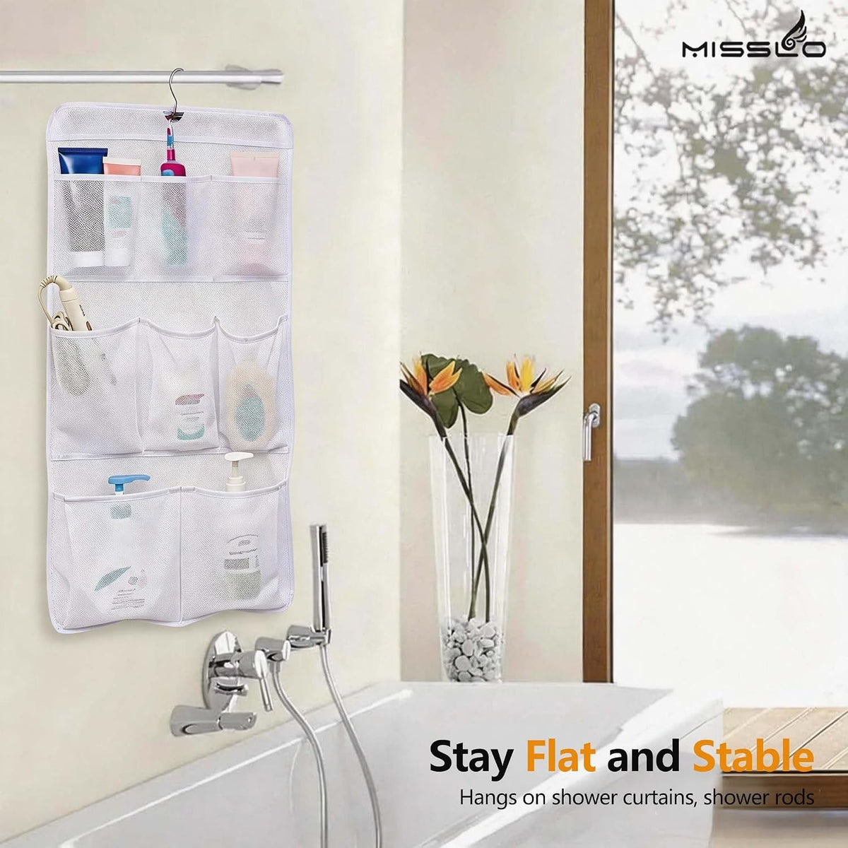 8-pockets-mesh-shower-organizer-hanging-caddy-with-rotating-hanger-quick-dry-bathroom-storage-white