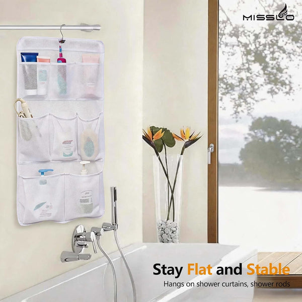 8 Pockets Mesh Shower Organizer Hanging Caddy with Rotating Hanger Quick Dry Bathroom Storage (White)7