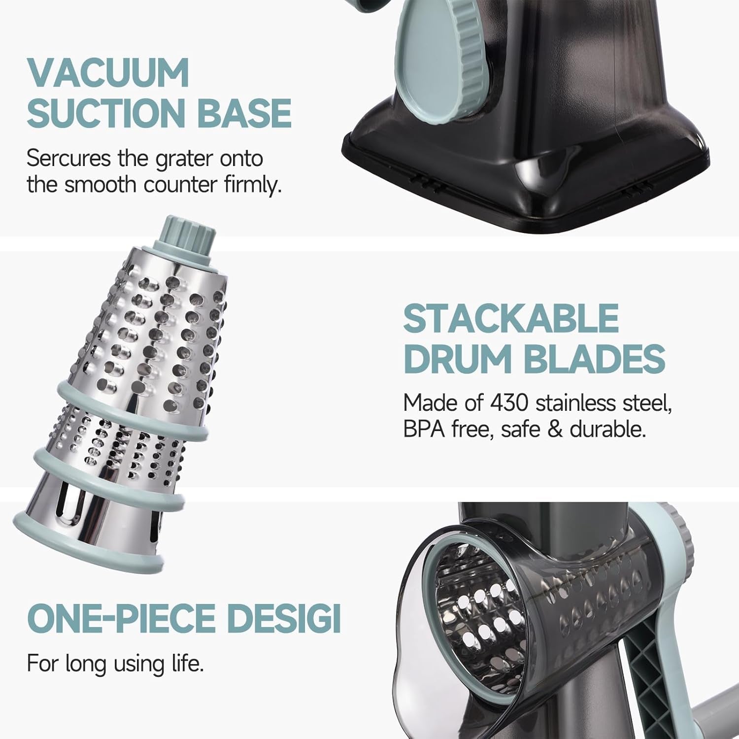 rotary-cheese-grater-with-handle-kitchen-shredder-slicer-grater-slicer-ice-shaver-cheese-vegetable-nuts-potato-zucchini-chocolate-3-interchangeable-blades-greyblue