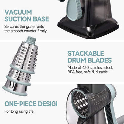 Rotary Cheese Grater with Handle Kitchen Shredder Slicer Grater Slicer Ice Shaver Cheese Vegetable Nuts Potato Zucchini Chocolate 3 Interchangeable Blades (Greyblue6