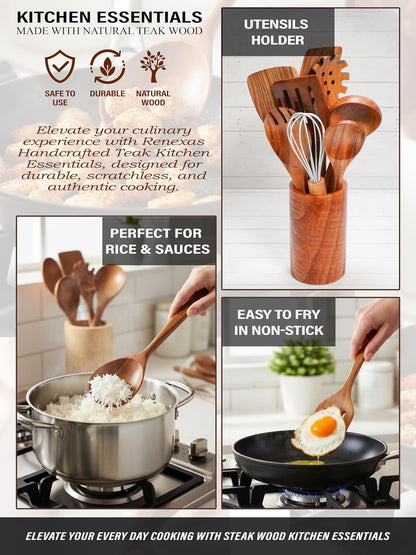 Kitchen Utensils Set, 12 Piece Teak Wooden Utensil Set for Cooking, Premium Teak Cooking Utensils, Non Toxic Wooden Spoons & Spatulas, Heat Resistant Kitchen Tools for Nonstick Cookware6