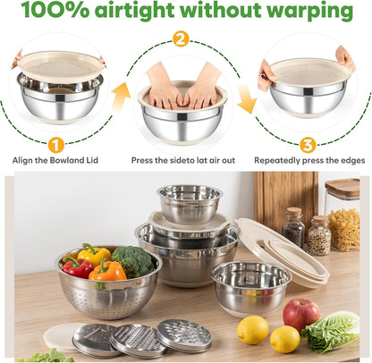 Mixing Bowls with Airtight Lids Set, Stainless Steel Salad Bowls with Non-Slip Silicone Bottoms, 8PCS Nesting Kitchen Bowls with Colander,Grater Attachments, for Mixing Cooking Prep5