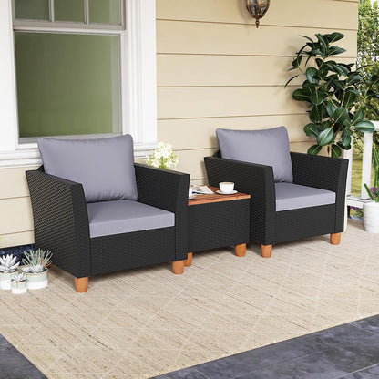 3 Pieces Patio Porch Furniture Set, PE Rattan Wicker Chair Conversation Set with Cushions and Storage Table, Outdoor Acacia Wood Bistro Set for Garden, Poolside (Grey)2