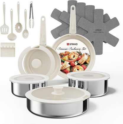 21PCS Pots and Pans Set Non Stick, Ceramic & Stainless Steel Cookware Set with Detachable Handles, Induction Cookware, Oven/Dishwasher Safe, Frying Pans with Kitchen Essentials, Beige White1
