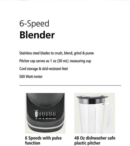 500W 6-Speed Blender with 48Oz/1.5L Jar, Black Countertop Blender for Smoothies, Shakes & Food Prep, Home Essential5