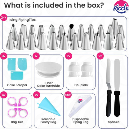 88 Pc Cake Decorating Kit & Cake Turntable -Piping Bags and Tips Set | Includes 50 Disposable + 2 Reusable Piping Bags, 24 Icing Piping Tips, 2 Spatulas, 3 Icing Comb Scraper, Baking Supplies3