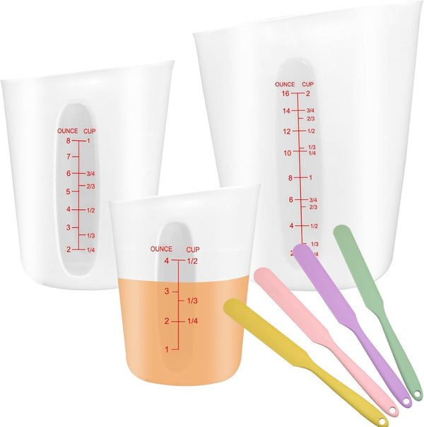 3 Pieces Large Silicone Measuring Cups Flexible Chocolate Melting Cups with 4 Pieces Silicone Jar Spatulas for Home Baking1
