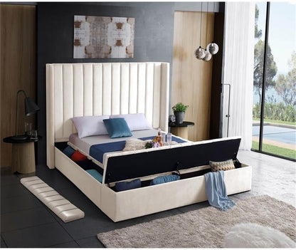 Meridian Furniture Kiki Collection Modern | Contemporary Velvet Upholsterd Bed with Channel Tufting, Siderails and Footboard Storage Compartments, King, Cream9