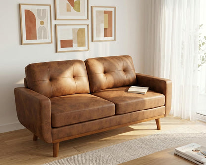 65" Loveseat Sofa,Mid Century Modern Love Seat Couches for Living Room,Button Tufted Upholstered Small Couch with Solid Wood Legs for Bedroom,Apartment,Office,Fabric,Light Brown3