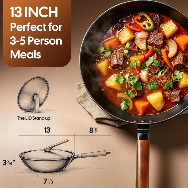 13'' Carbon Steel Wok, 12 Piece Wok Pan & Stir-Fry Pans Set with Lid | No Chemical Coated Flat Bottom Chinese Wok Pan2