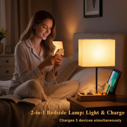 USB Table Lamp, Multi-Functional Desk Lamp with 2 AC Outlets, Bedside Lamp with 3 USB Charging Ports and Wooden Phone Stands, Nightstand Lamp for Bedroom, Livingroom, Office, Natural Wood4