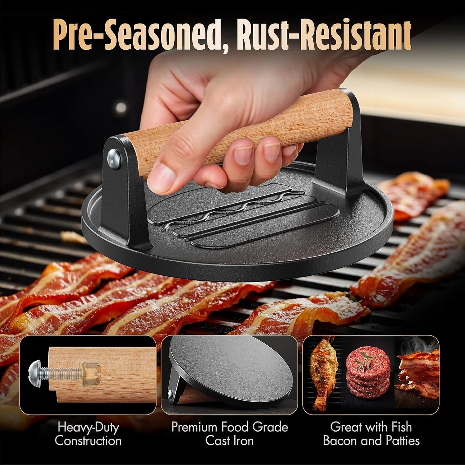 smash-burger-press-pre-seasoned-cast-iron-meat-press-tool-2-lb-rustproof-pre-seasoned-flat-bottom-wooden-handle-dishwasher-safe-no-stick-easy-to-clean-6-6-wide-weighs-2-pounds