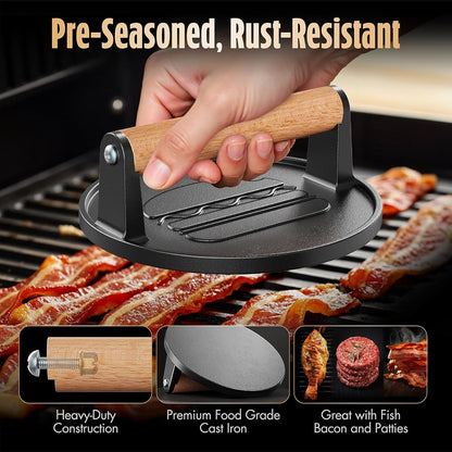 Smash Burger Press, Pre-Seasoned Cast Iron Meat Press Tool, 2 Lb | Rustproof, Pre-Seasoned, Flat Bottom, Wooden Handle, Dishwasher Safe, No Stick, Easy to Clean, 6.6'' Wide, Weighs 2 Pounds2