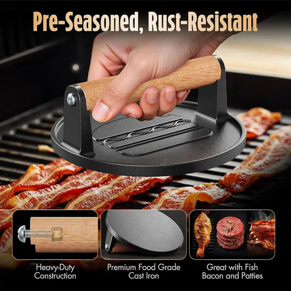 Smash Burger Press, Pre-Seasoned Cast Iron Meat Press Tool, 2 Lb | Rustproof, Pre-Seasoned, Flat Bottom, Wooden Handle, Dishwasher Safe, No Stick, Easy to Clean, 6.6'' Wide, Weighs 2 Pounds2