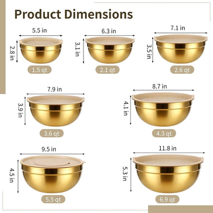 20 PCS Gold Mixing Bowls with Lids Set - 7 Mixing Bowls with 3 Graters, 8 Measuring Spoons, 1 Whisk, and 1 Food Tong, Nesting Bowl Set for Baking, Cooking, Meal Prep4