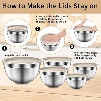 Mixing Bowls with Airtight Lids Set, 5 PCS Stainless Steel Khaki3