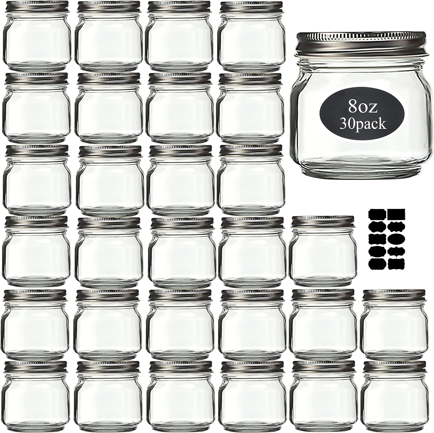mason-jars-8-oz-30-pack-small-glass-caning-jars-with-silver-lids-1-4-quart-canning-jars-regular-mouth-with-20-labels-1-pen-for-food-storage-meal-prep-jelly-jam-honey-pickles-spice-glass-jars