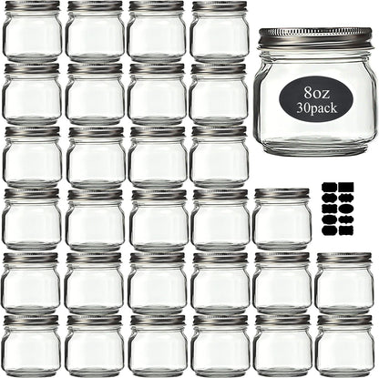 Mason Jars 8 Oz 30 Pack Small Glass Caning Jars with Silver Lids | 1/4 Quart Canning Jars Regular Mouth with 20 Labels,1 Pen.For Food Storage,Meal Prep,Jelly,Jam,Honey,Pickles,Spice Glass Jars1