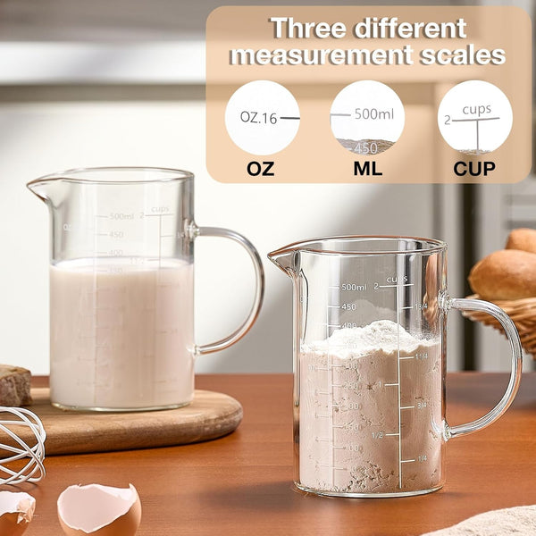 500ML 2 CUP Glass Liquid Measuring Cup with Handle, High Borosilicate Glass Three Scales (OZ, Cup, ML/CC) for Kitchen or Restaurant, V-Shaped Spout Glass Measuring Beaker, Easy to Read3