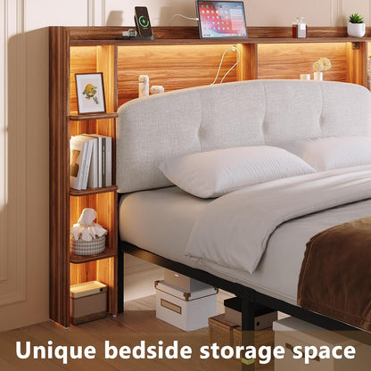 Queen Size Bed Frame with Storage & Upholstered Headboard, 2 Fabric Drawers, Charging Station & RGB LED Lights, Metal Platform Bed, No Box Spring Needed, Rustic Brown3
