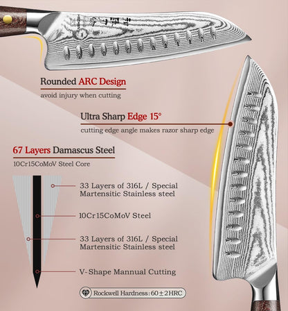 7.3'' Santoku Knife with Sheath – 67 Layers Damascus Steel, Professional Kitchen Knife for Meat, Fish & Vegetables, Micarta Handle2