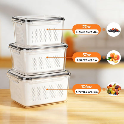 Fruit Storage Containers for Fridge, 3 Pack Plastic Food Storage Container2