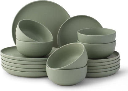 Mesa Stoneware Dinnerware Set, 18-Piece Plates and Bowls Sets, Includes Dinner - Salad and Cereal and Soup Bowls, Modern Farmhouse Matte Sage Green Dish Set for 61