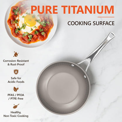 Titanium Frying Pan with Lid - 8" No Coating Pfas-Free Skillet, Tri-Ply Titanium & Stainless Steel, Induction & Dishwasher Safe2