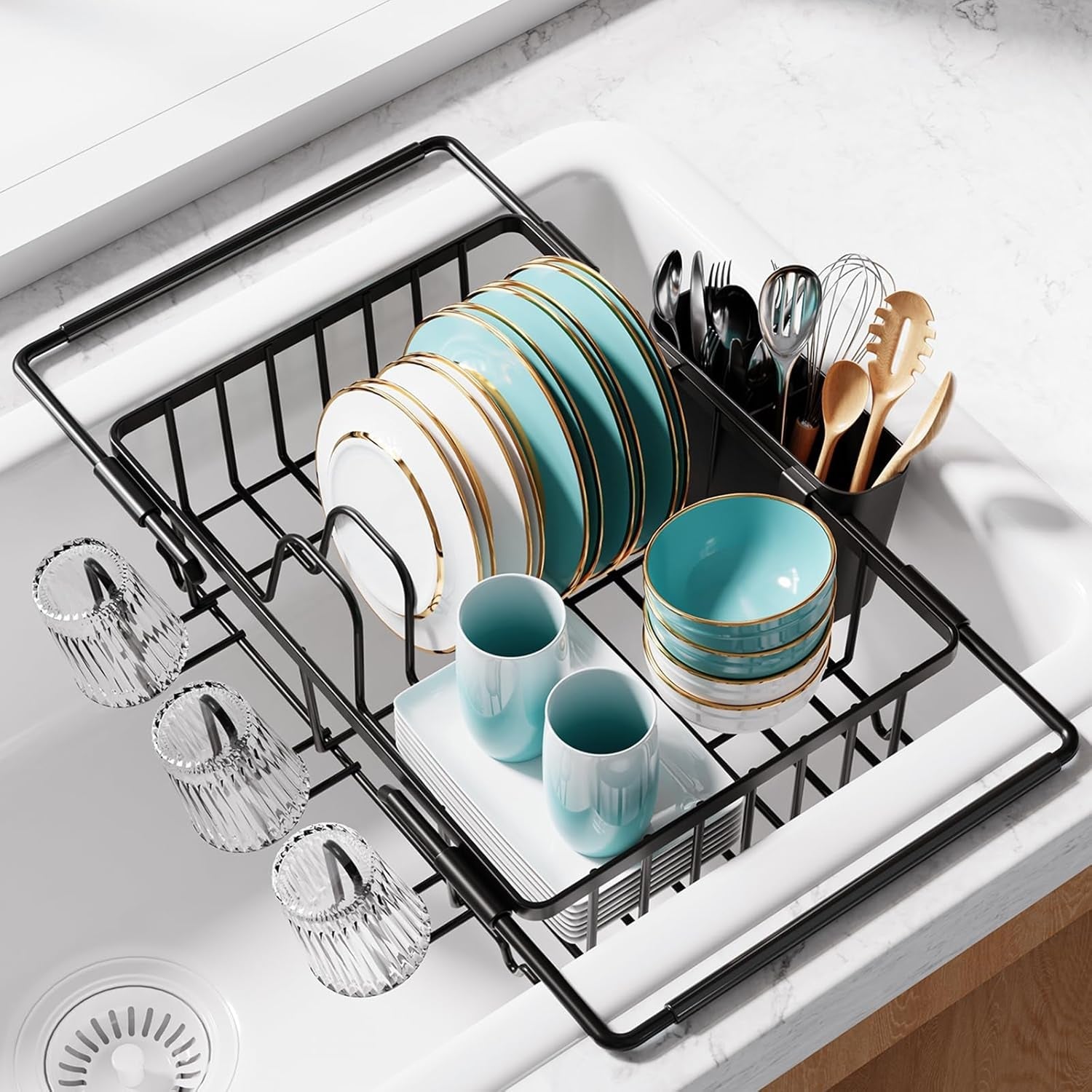 dish-drying-rack-in-sink-expandable-stainless-steel-dish-rack-over-the-sink-kitchen-sink-drain-strainer-with-cutlery-holder-cup-holders-15-4-x-9-8-x-3-0-inch-black