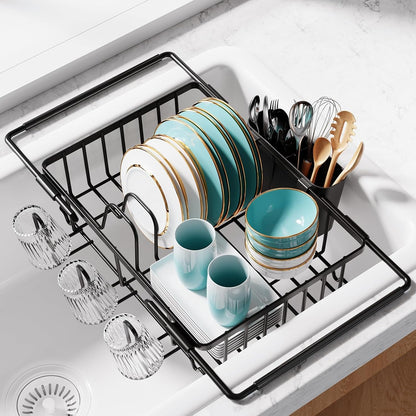 Dish Drying Rack in Sink - Expandable Stainless Steel Dish Rack over the Sink, Kitchen Sink Drain Strainer with Cutlery Holder & Cup Holders, 15.4 X 9.8 X 3.0 Inch, Black1