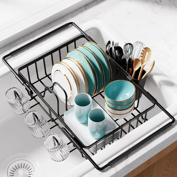 Dish Drying Rack in Sink - Expandable Stainless Steel Dish Rack over the Sink, Kitchen Sink Drain Strainer with Cutlery Holder & Cup Holders, 15.4 X 9.8 X 3.0 Inch, Black1