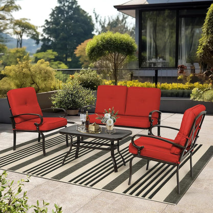 4Pcs Metal Outdoor Furniture Patio Conversation Set (Loveseat and Coffee Table, 2 Dining Chair) -Wrought Iron Patio Chair Set with Cushions (Red)2