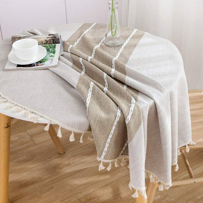 Farmhouse Tablecloth Heavy Weight Stitching Tassel Cotton Linen Dust-Proof Table Cloth for Kitchen Dinning Tabletop Decoration (Round, 60 Inch, Linen)5