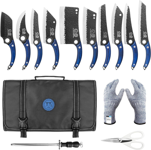 Portable Kitchen Knife Set with Bag,Tools,Slicing Chef'S Knives | High-Carbon Steel Forged Blades,Cleaver Slicing Cooking Boning Bread Vegetable Knives,Full Tang Design,Wood Handle1