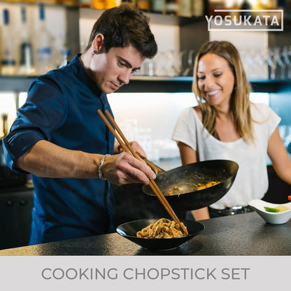 Blue round Bottom Wok Pan – 14" Woks and Stir Fry Pans + Reusable Natural Wooden Long Cooking Chopsticks Set of 3 Pairs: 11.8 Inch, 13-Inch, 14.2 Inch8