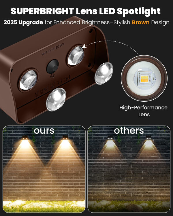 Brighter Solar Fence Lights-3000/4000/6000K 3 Mode,Solar Lights Outdoor Waterproof,Dusk to Dawn Deck Light, Outdoor Lighting for Backyard/Railing/Wall/Step/Patio(8 Pack,Brown)2