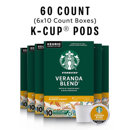 Starbucks K-Cup Coffee Pods, Starbucks Blonde Roast Hot or Iced Coffee, Veranda Blend, 60 Keurig Pods | 100% Arabica K-Cup Pods for Keurig Brewers; Veranda Blend Blonde Roast; 6 Boxes, 10 Pods Each (60 Total)3