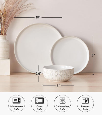 24 Piece Dinnerware Sets for 8 - Farmhouse Style Stoneware Plates and Bowls Sets - Scratch Resistant & Dishwasher Safe, Embossed Boho Ceramic Dish Set, Stack Compactly Dishware - Ivory White3