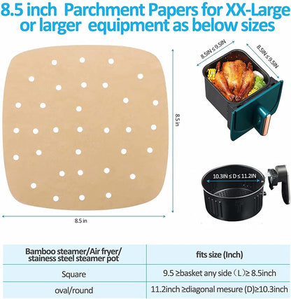 Air Fryer Parchment Paper Liners: 200PCS 8.5 Inch Square Perforated Parchment Paper for Air Fryer, Premium Bamboo Steamer Liner for Air Fryers Baking Cooking Oven2