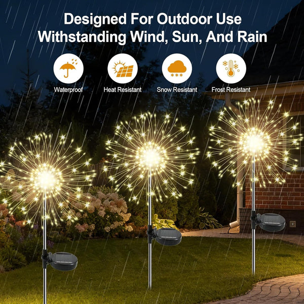 Solar Garden Lights Outdoor, 2 Pack 120 LED Twinkling Firework Lights Decorative with 2 Modes, Outdoor Waterproof Solar Starburst Light for Yard Pathway Planter Patio Decor, Warm White3