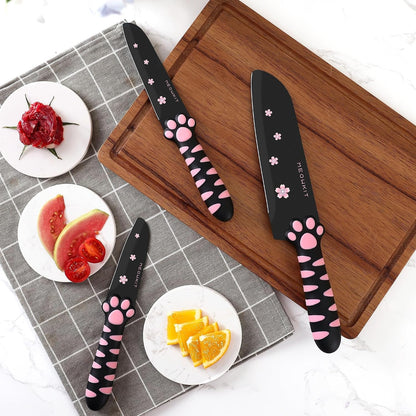 Cute Kitchen Knife Set, Dishwasher Safe, 5 Pieces Non-Stick Knives,Sharp for Chopping, Slicing, Dicing and Cutting, Cat Paw Handle4