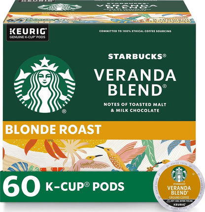 Starbucks K-Cup Coffee Pods, Starbucks Blonde Roast Hot or Iced Coffee, Veranda Blend, 60 Keurig Pods | 100% Arabica K-Cup Pods for Keurig Brewers; Veranda Blend Blonde Roast; 6 Boxes, 10 Pods Each (60 Total)1