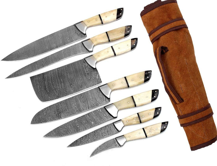 G26- Professional Kitchen Knives Custom Made Damascus Steel 7 Pcs of Professional Utility Chef Kitchen Knife Set with Chopper/Cleaver White & Black