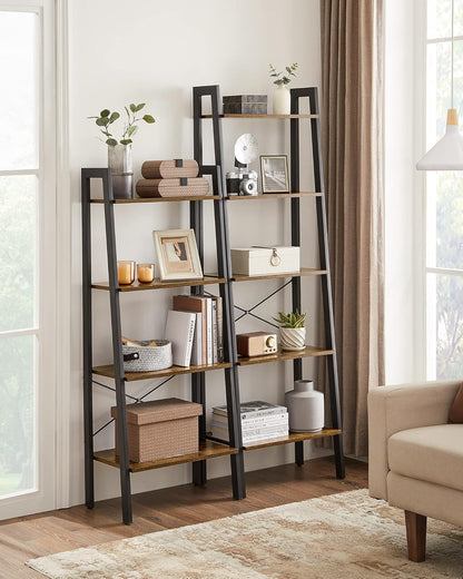 VASAGLE Ladder Shelf, 4-Tier Bookshelf, Storage Rack, Steel Frame | Bookcase, Living Room, Home Office, Kitchen, Bedroom, Rustic Brown and Matte Black, BARNET Collection ULLS44X2