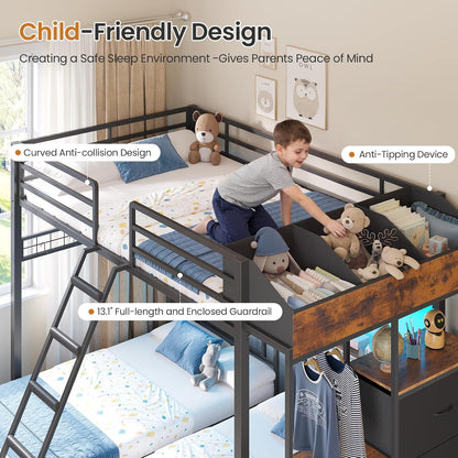 Triple Bunk Bed with 8 Storage Drawers,Charging Station and LED Lights Full over Twin Bunk Beds with Storage Headboard,Shelves & Boxes,Metal Bunk Beds for 3 with Safe Guardrail and Stair,Black6
